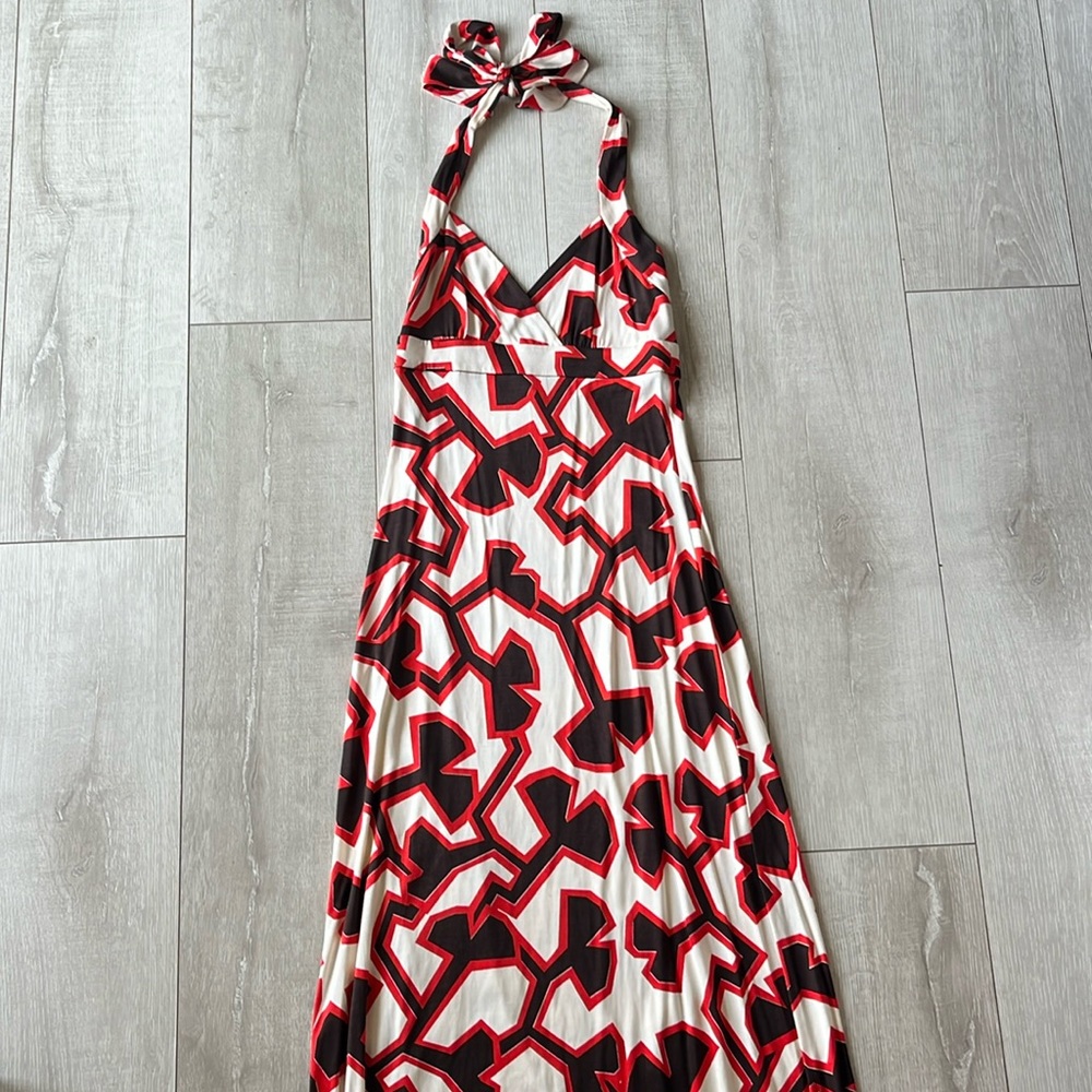 DIANE VON FURSTENBERG AUTH 100% SIGNATURE SILK HALTER FLOOR LENGTH DRESS SZ 4